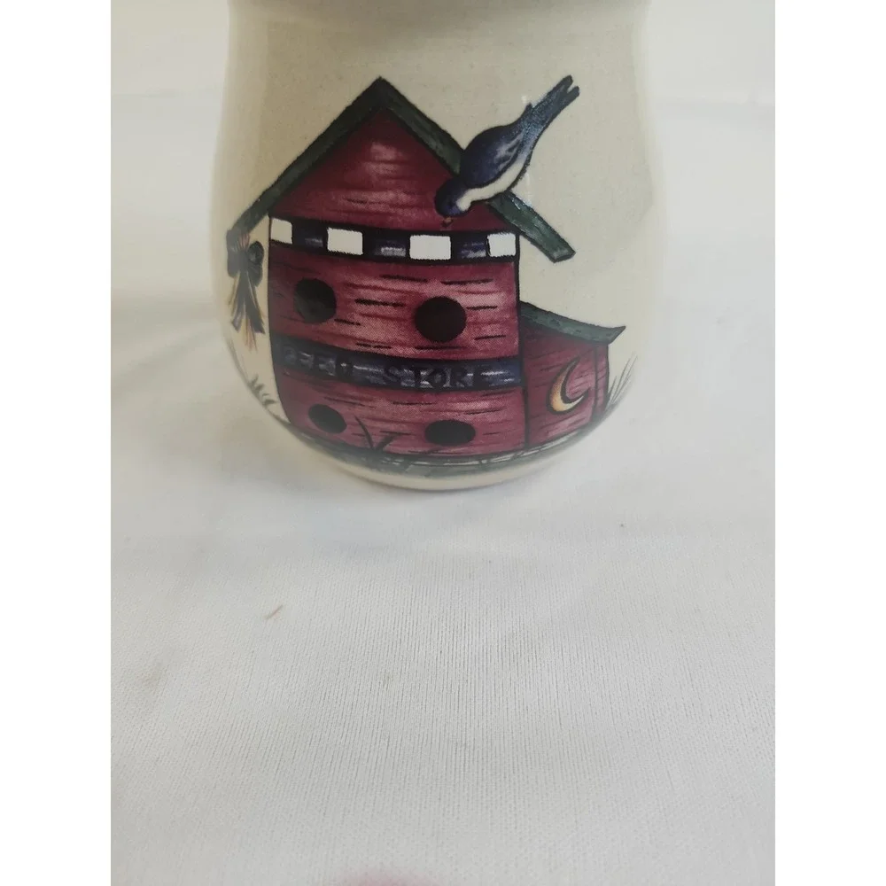 Vintage‎ Home & Garden Party Stoneware Crock Red Birdhouse 1999 Made In The USA